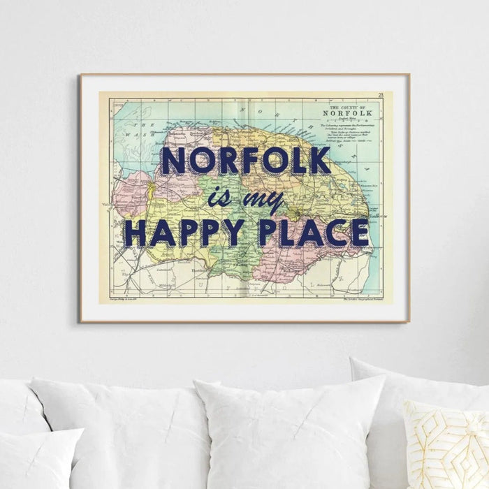 Norfolk is my Happy Place (Norfolk Map) Vintage Map Art - Framed - Beach House Art
