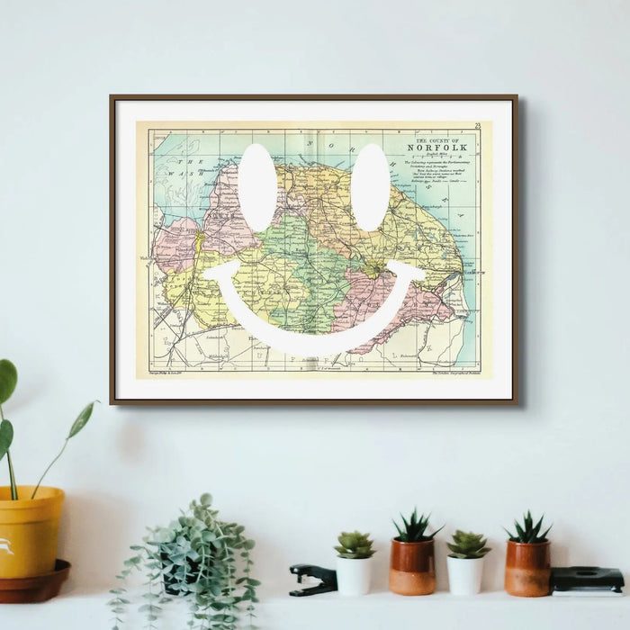 Norfolk Makes Me Happy White Map Print (Norfolk Map) Vintage Map Art - Framed - Beach House Art