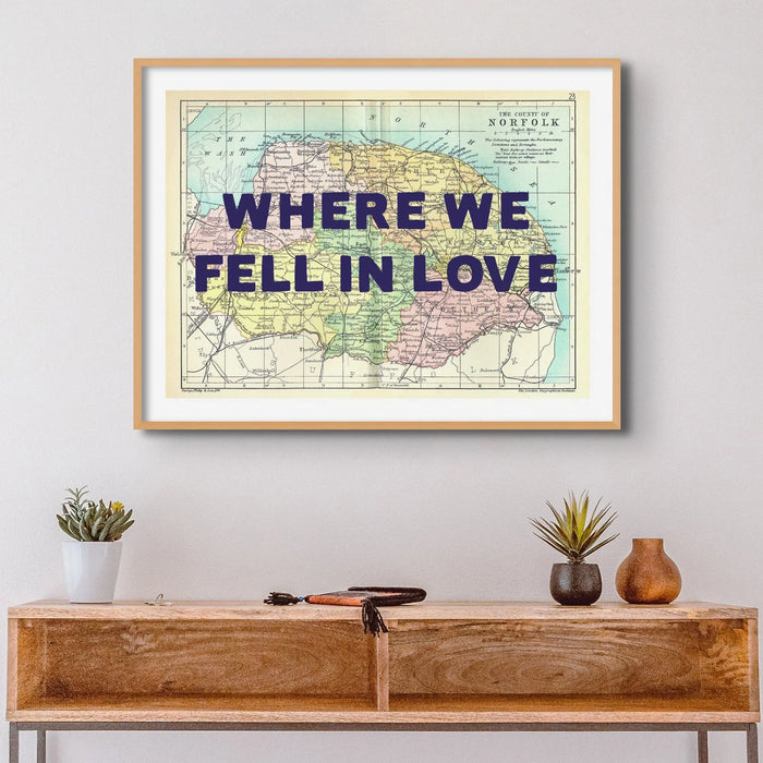 Personalised vintage map print of Norfolk with navy font - Framed wall art