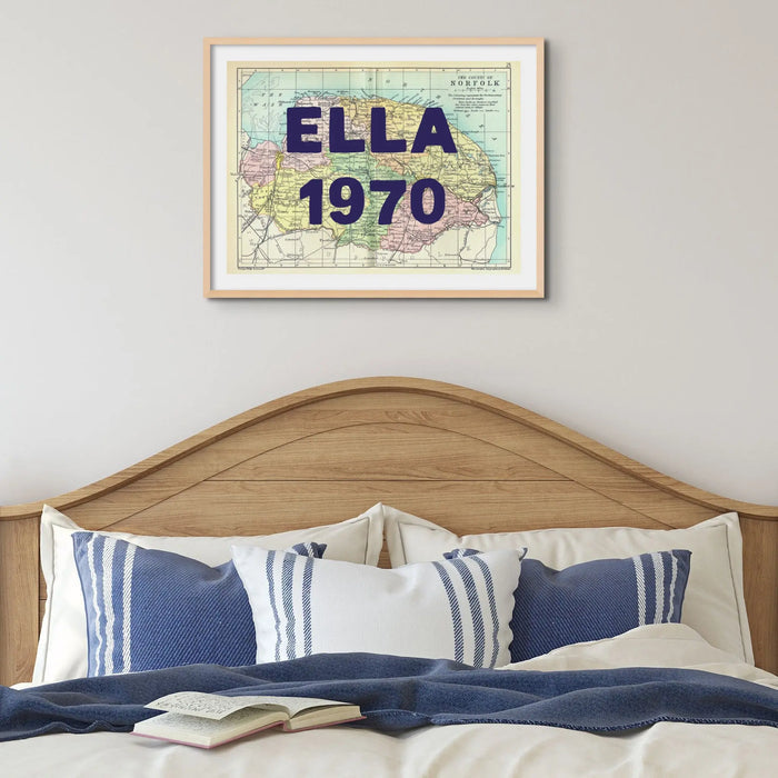 Coastal wall art featuring a personalised vintage map print of Norfolk with navy font - Unframed wall art