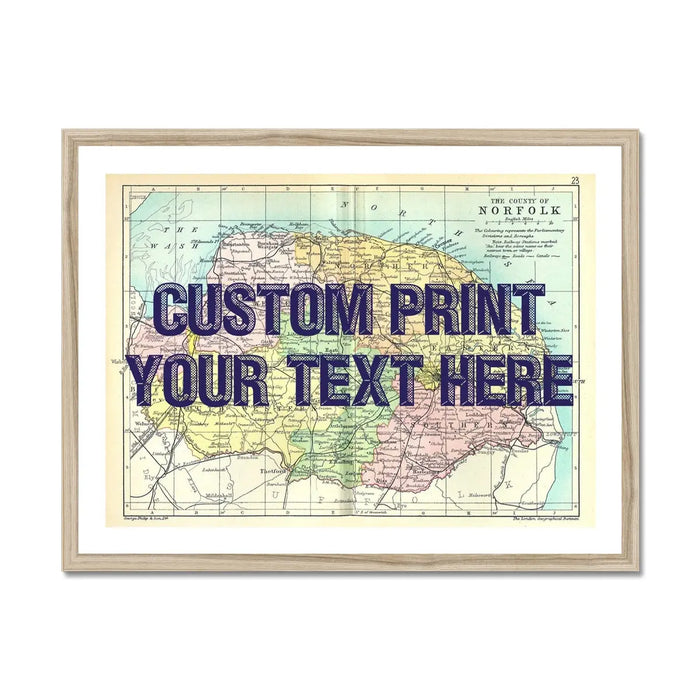 Vintage map print of Norfolk with navy font - framed wall art