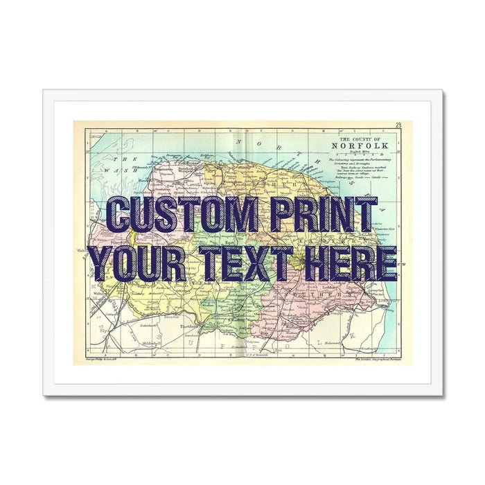 Coastal wall art featuring a personalised vintage map print of Norfolk with navy font - framed wall art