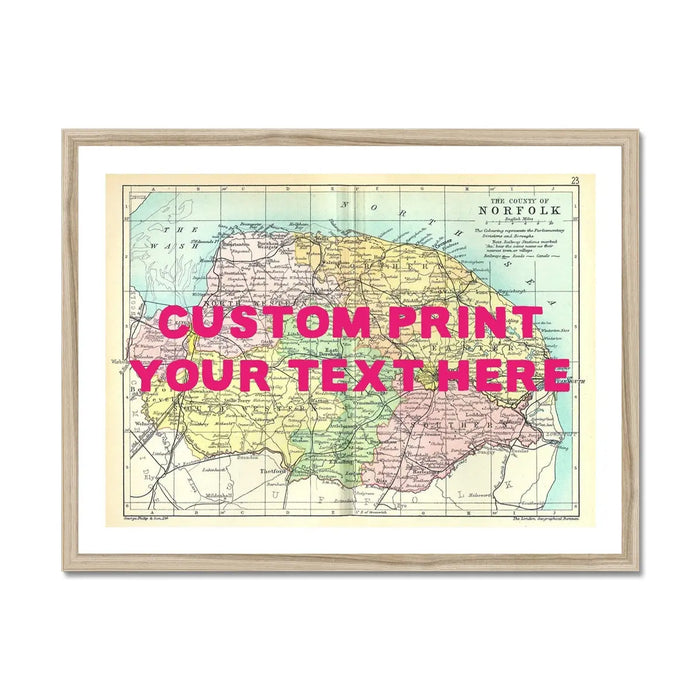 Personalised vintage map print of Norfolk with navy font - Framed Wall Art