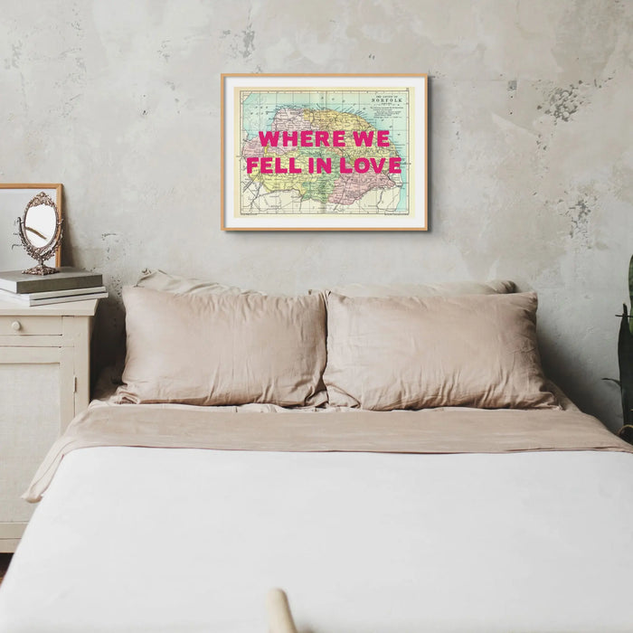 Coastal wall art featuring a personalised vintage map print of Norfolk with navy font - Framed Wall Art