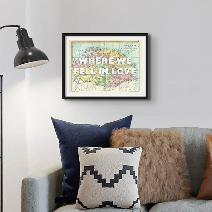 Personalised vintage map print of Norfolk with white font - Framed wall art