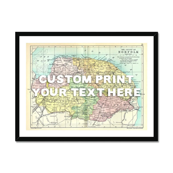 Coastal wall art featuring a personalised vintage map print of Norfolk with white font - Framed wall art
