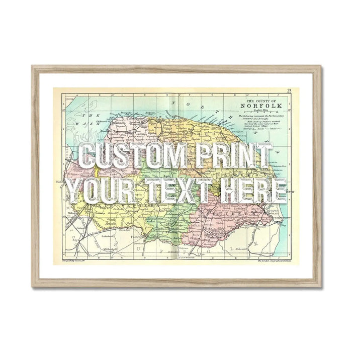 Coastal wall art featuring a personalised vintage map print of Norfolk with white font - framed wall art