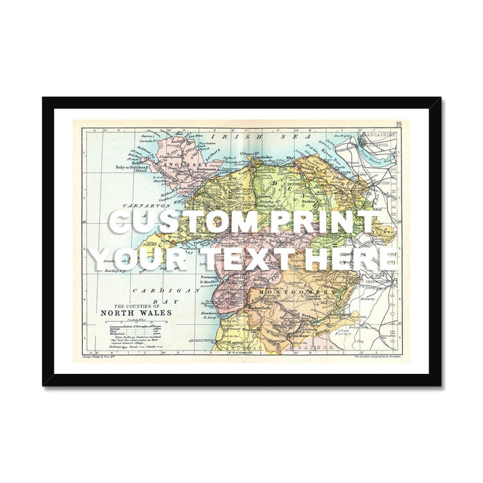 Framed map print of North Wales with a placeholder for custom text, featuring an intricate vintage map design.