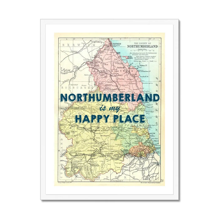 Vintage Northumberland map print with the text “Northumberland is my Happy Place” in blue lettering.