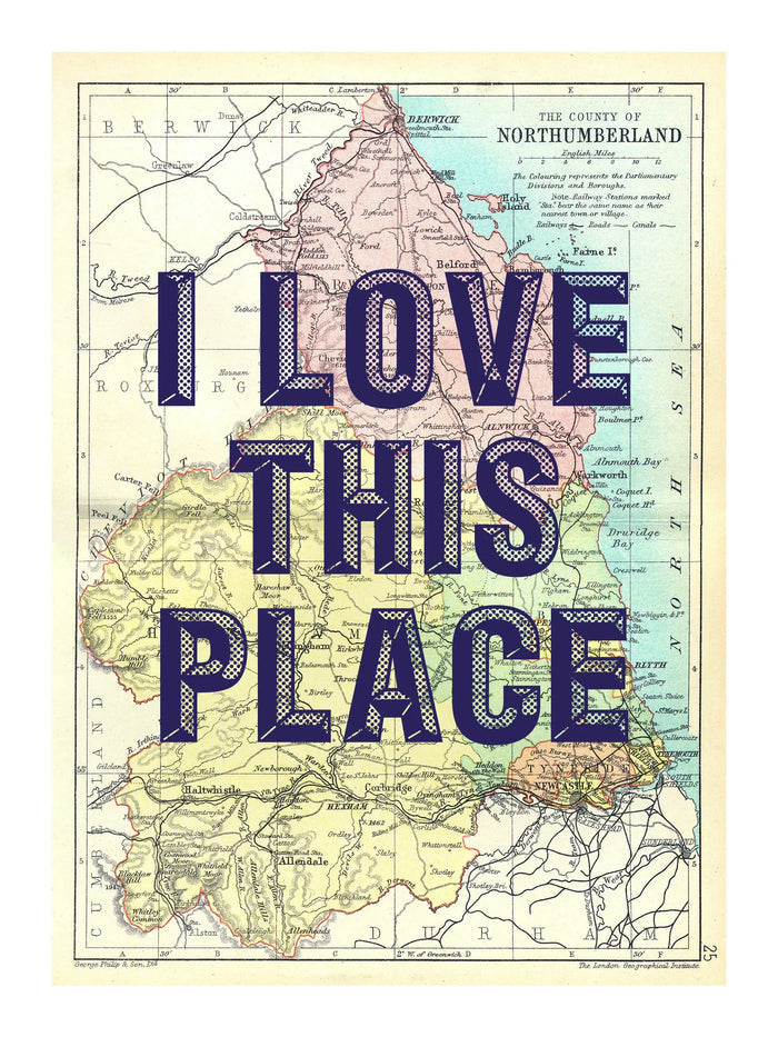 Northumberland Personalised Map Print | Map of Northumberland | Navy Vintage Font - Unframed Wall Art