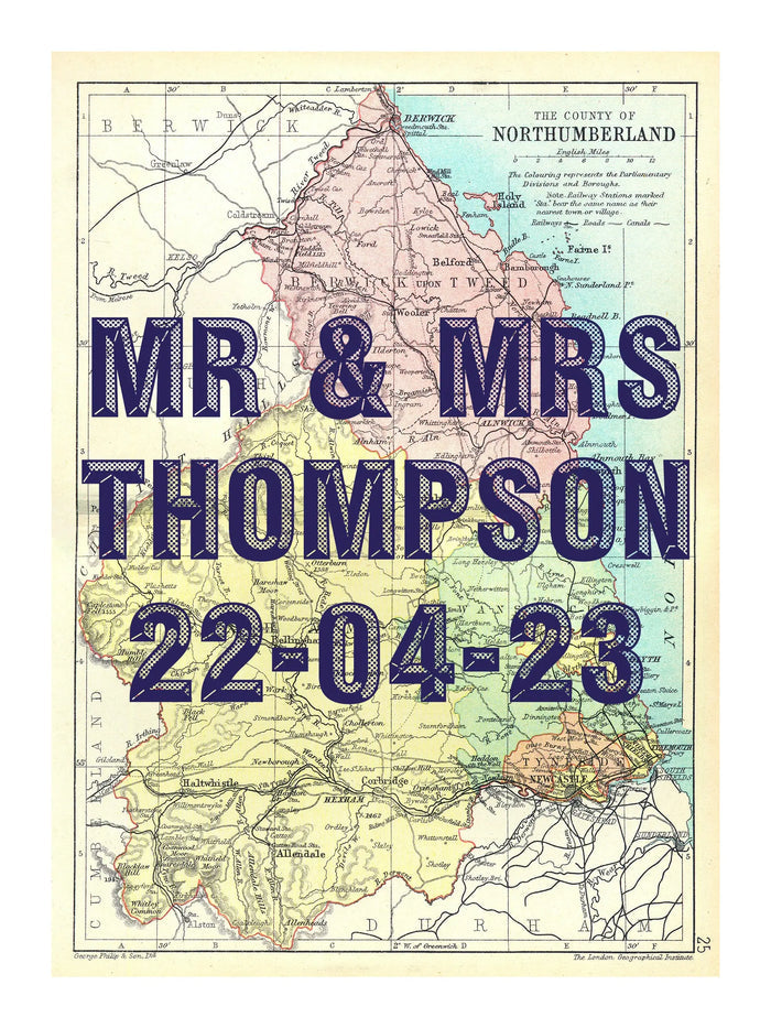 Northumberland Personalised Map Print | Map of Northumberland | Navy Vintage Font - Unframed Wall Art