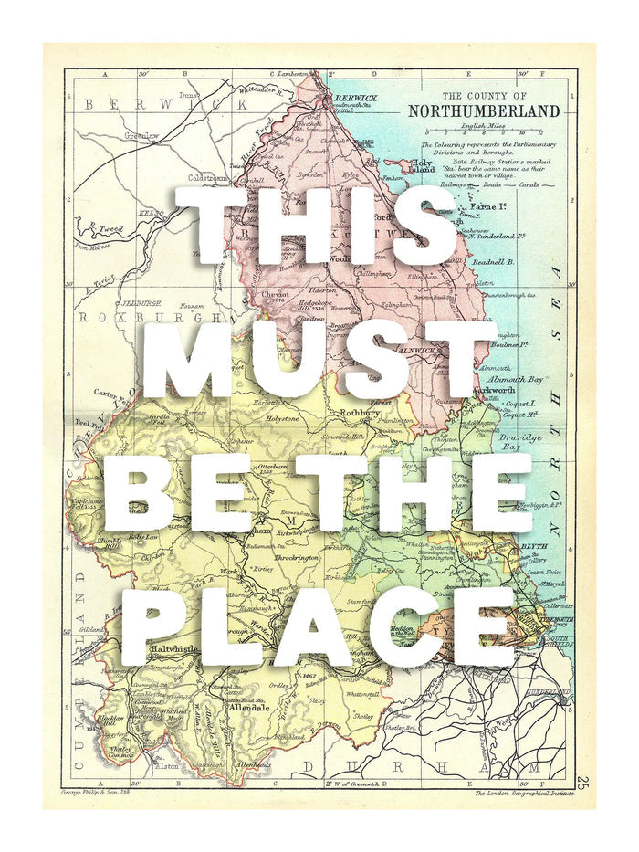 Northumberland Personalised Map Print | Custom Map of Northumberland | White Hand Drawn Font - Unframed Wall Art