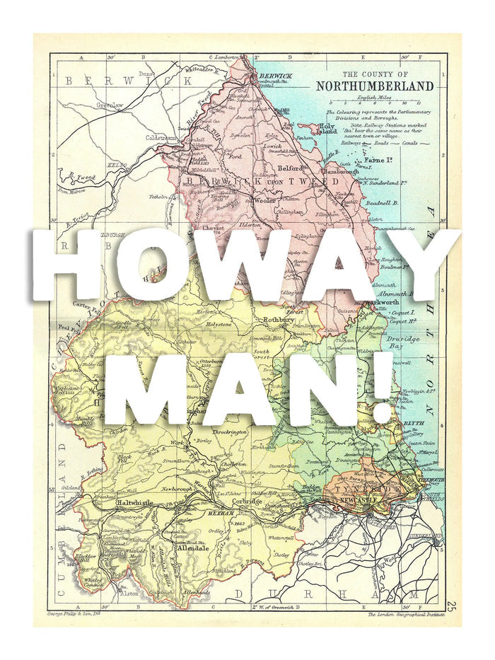 Northumberland Personalised Map Print | Custom Map of Northumberland | White Hand Drawn Font - Unframed Wall Art