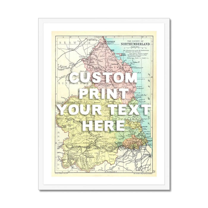 Northumberland Personalised Map Print | Map of Northumberland | White Hand Drawn Font - Framed Wall art