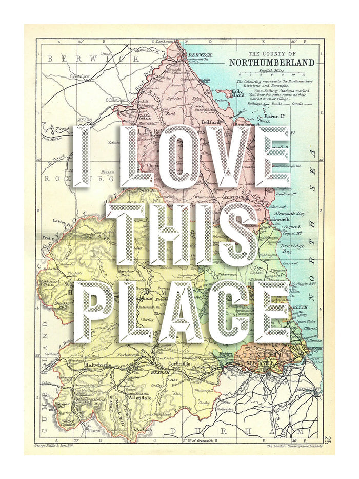 Northumberland Personalised Map Print | Custom Map of Northumberland | White Vintage Font - Framed Wall Art