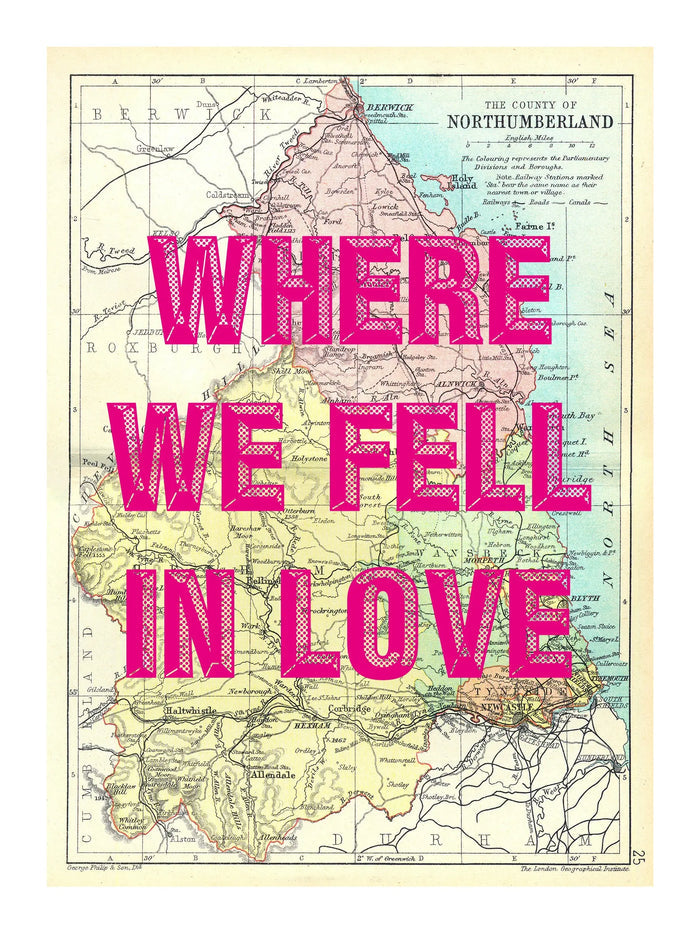 Northumberland Personalised Map Print | Map of Northumberland | Pink Vintage Font - Framed Wall Art