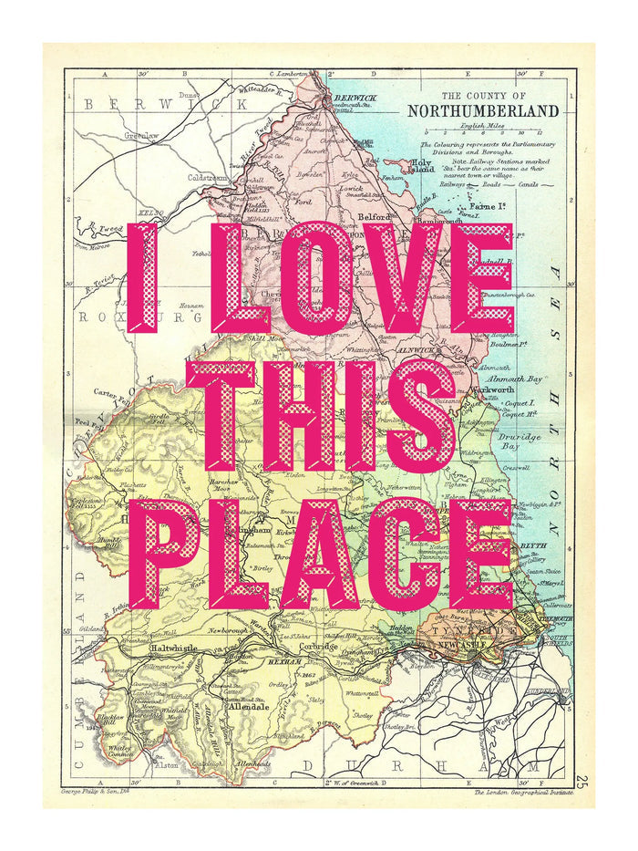 Northumberland Personalised Map Print | Map of Northumberland | Pink Vintage Font - Framed Wall Art