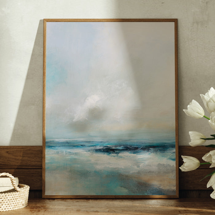 A sea painting print on a wooden shelf, depicting the dynamic movements of the ocean with bold strokes and contrasting hues.