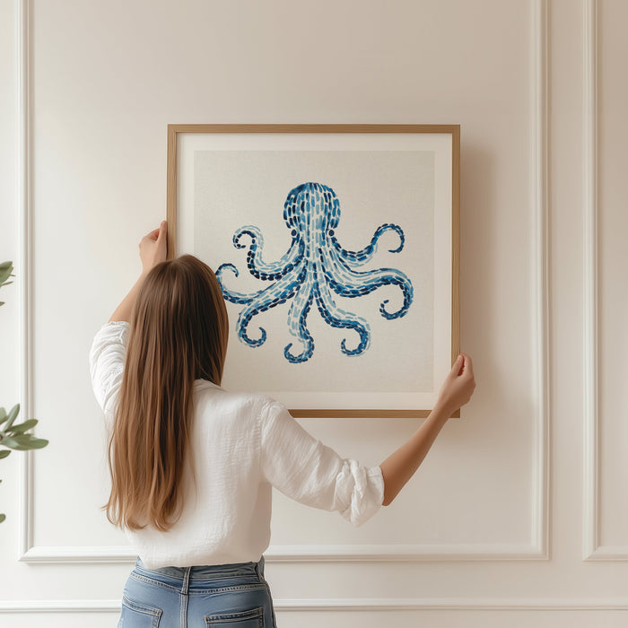 Octoupus print - framed watercolour painting of octopus on panelled wall
