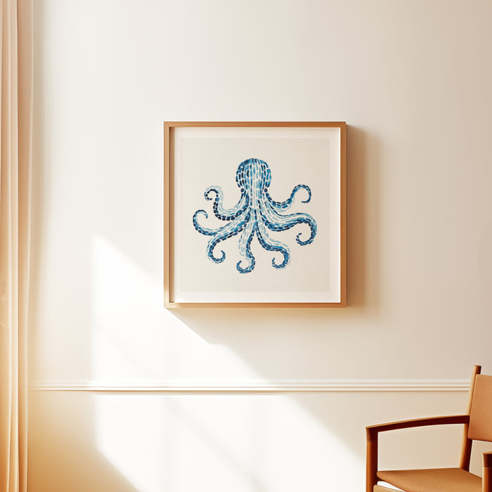 Octopus painting with layered blue brushstrokes on a neutral background, contemporary coastal wall art