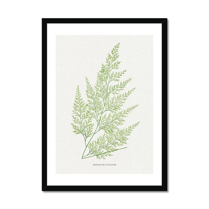 Framed vintage fern print of a detailed green fern illustration with a black frame.