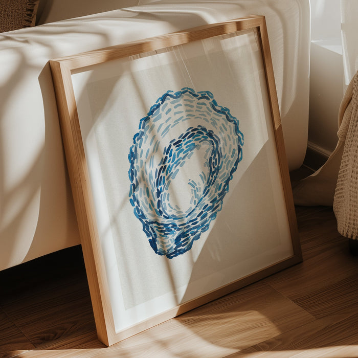 Oyster shell painting in living room next to sofa.