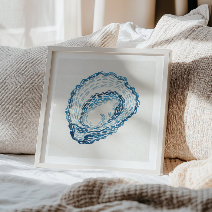 Oyster painting in bedroom, in white frame.