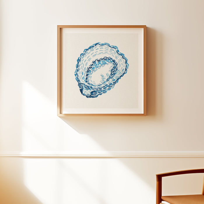 Framed oyster print on wall.