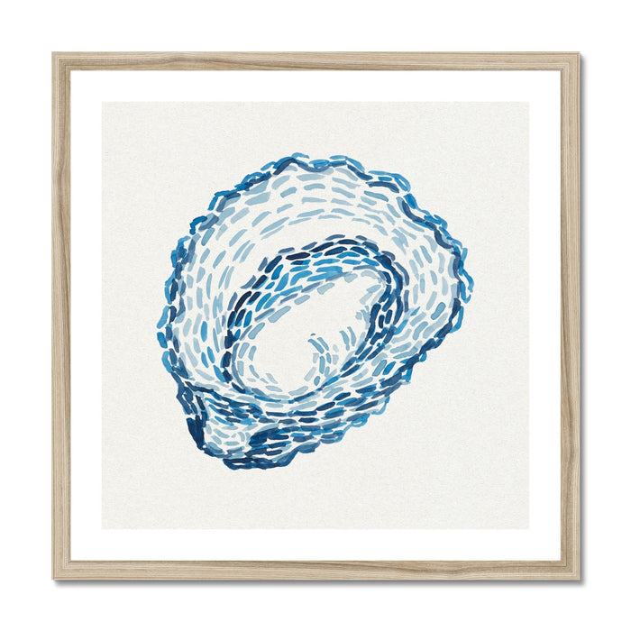 Framed artwork of a blue oyster on a white background