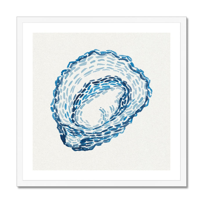 Framed artwork of a blue oyster on a white background