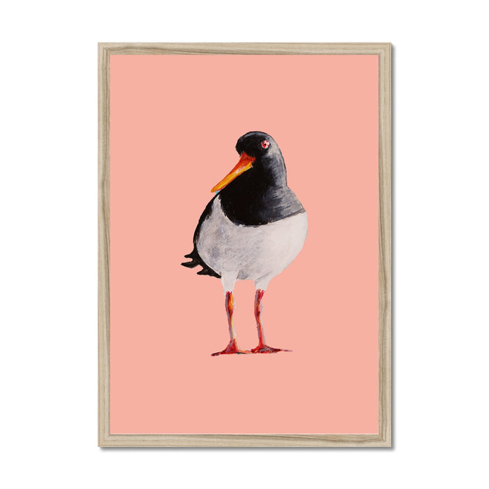 Framed artwork of a bird on a pink background