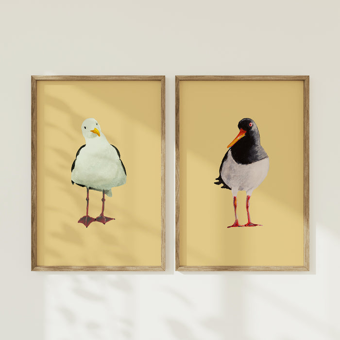 Two framed prints of birds on a yellow background