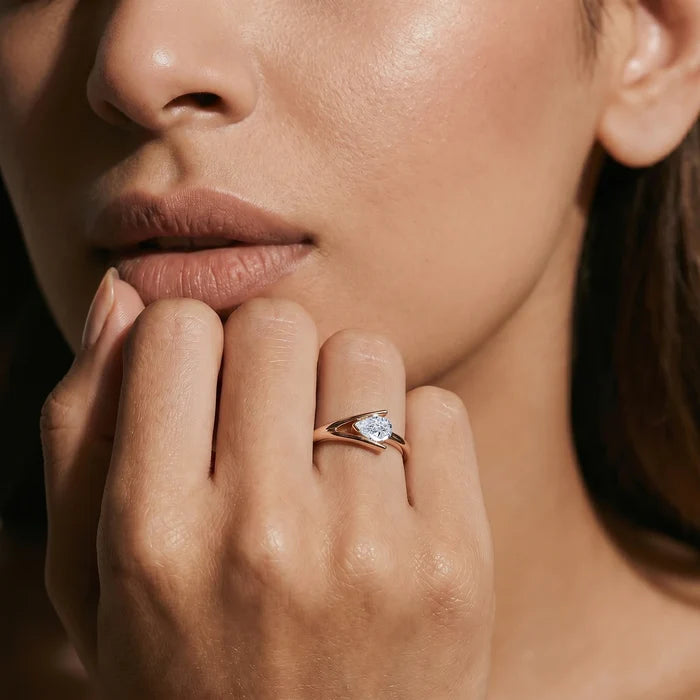 Pear Cut Diamond V Prong Ring | Earthly Jewels | Model Image