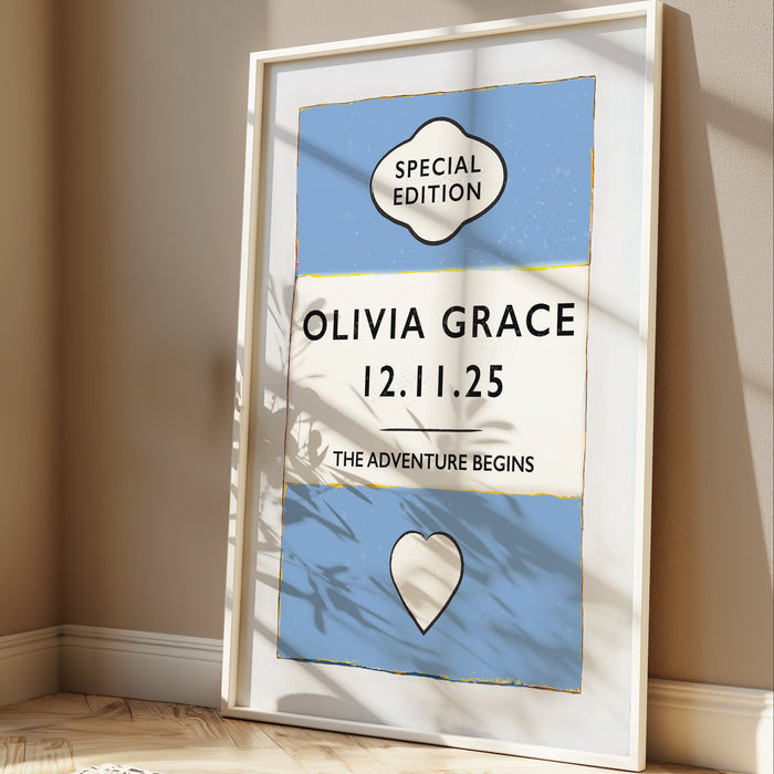 Personalised baby name print nursery wall art with birth date the adventure begins