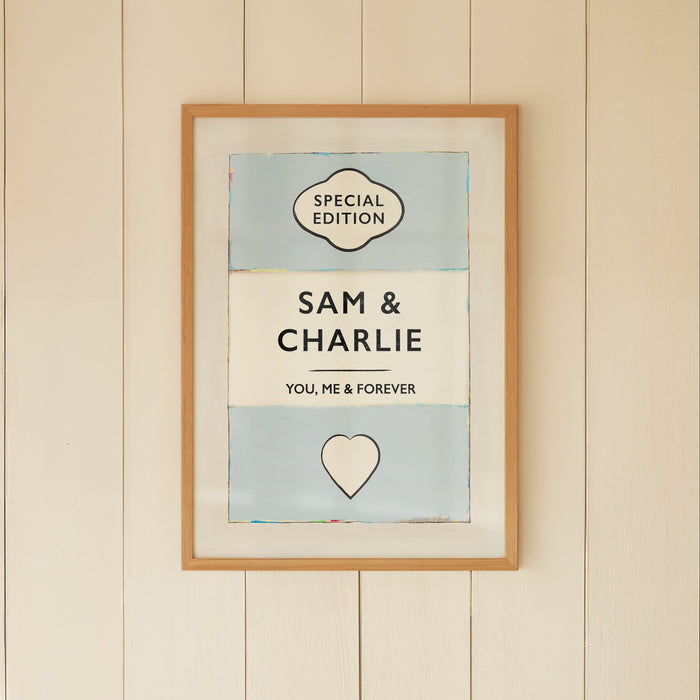 Personalised couple name print wedding or anniversary gift, vintage book style in blue