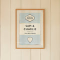 Personalised couple name print wedding or anniversary gift, vintage book style in blue