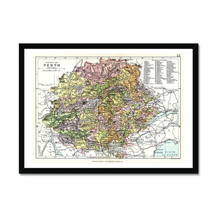 Framed vintage map print of Perthshire, Scotland, with a colourful, detailed map visible through the glass.