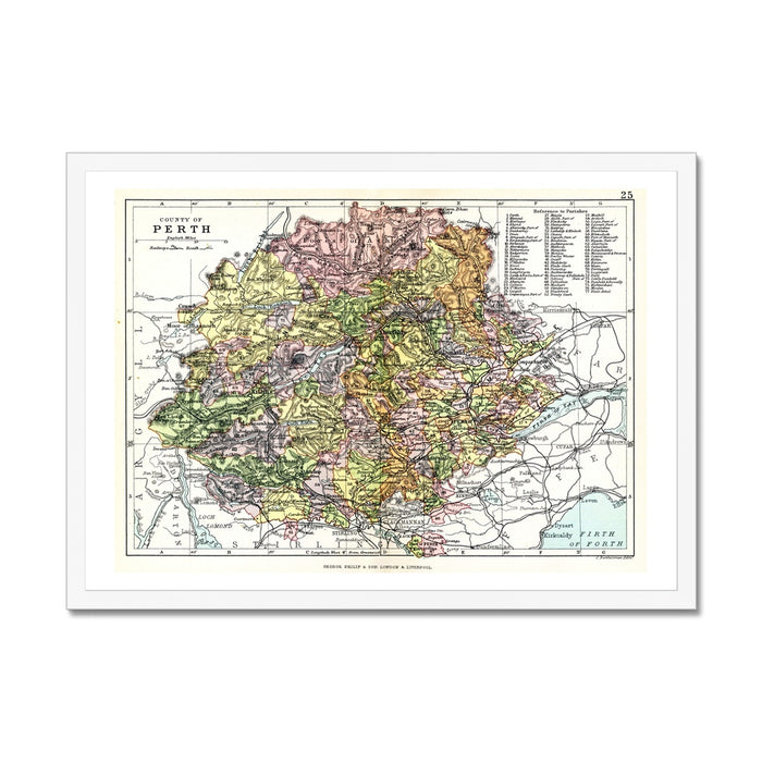 Framed vintage map print of Perthshire, Scotland with white frame.