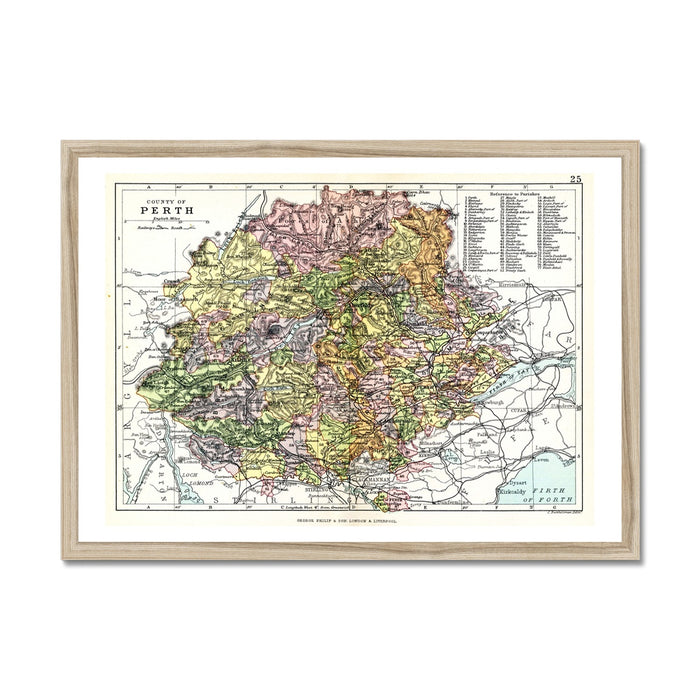 Framed vintage map print of Perthshire, Scotland with wooden frame.