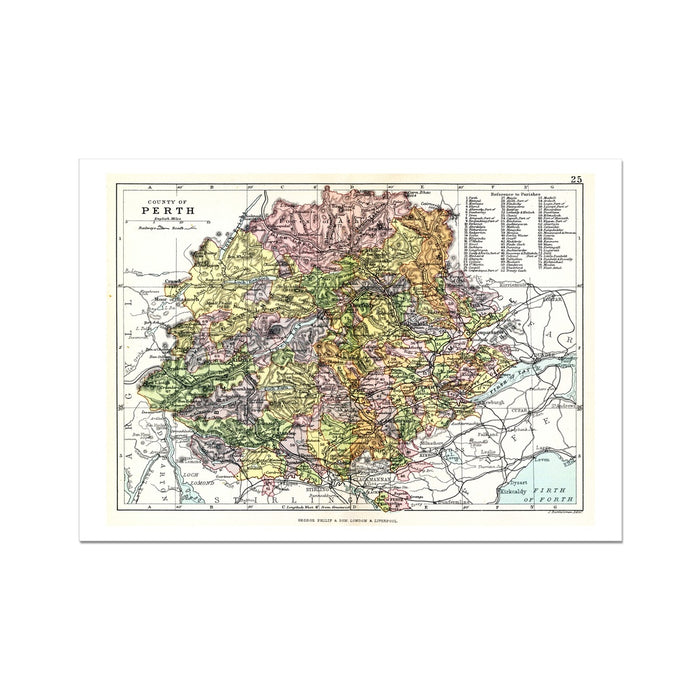 A framed print of a vintage map depicting Perthshire with various colours representing different regions or data on the map.