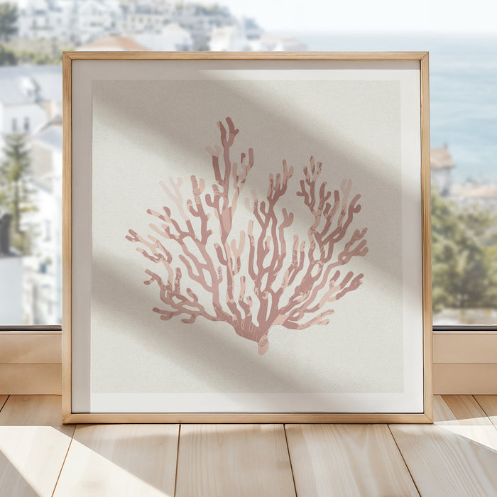 Coral art print - A framed art print featuring a dusty pink coral shell on a beige background on shelf