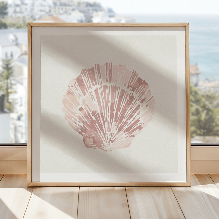 Scallop shell art print in dusty pink colour, presented against a neutral background.