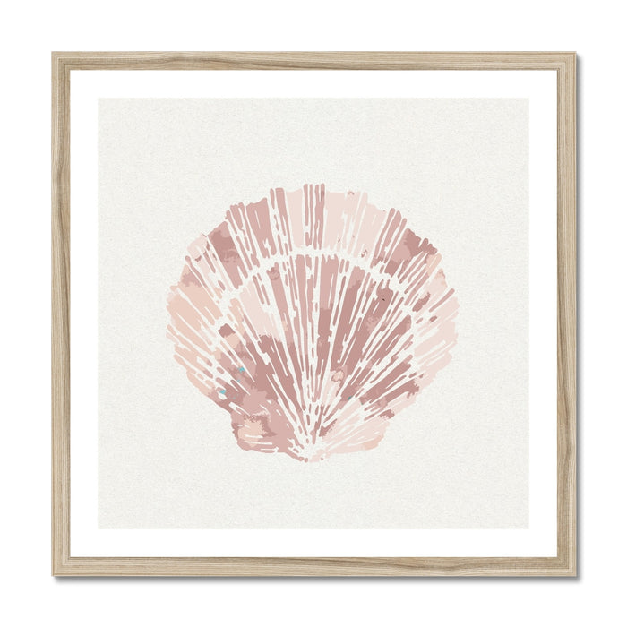 A framed art print of a scallop shell in dusty pink colour, presented against a neutral background.