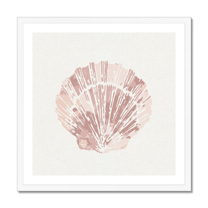 Pink scallop shell wall art print ith white frame