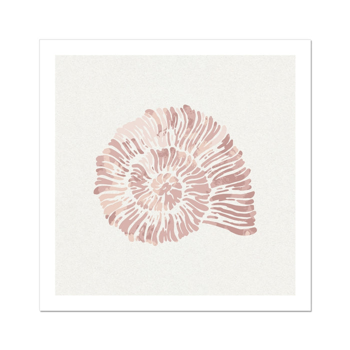 A framed art print of a dusty pink spiral shell on a white background.
