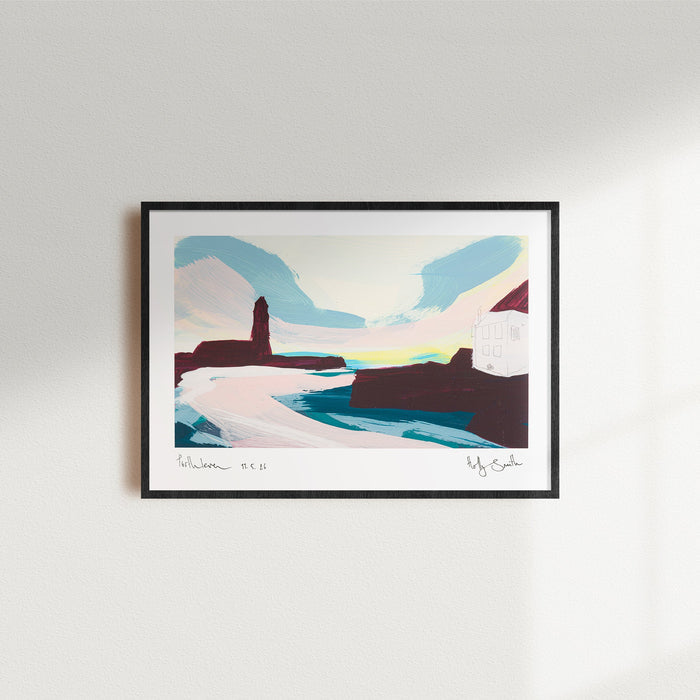 A framed abstract landscape art print hanging on a white wall, featuring stylized shapes of mountains, water, and sky in blue, white, brown, and yellow tones.