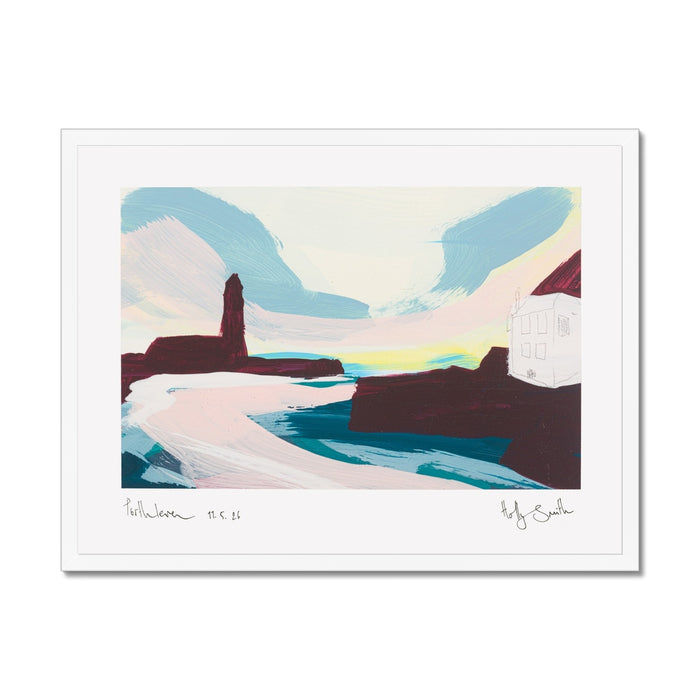 An abstract landscape art print featuring a coastal scene with a tower, cliffs, and a house, presented in a white mat and frame against a white background.
