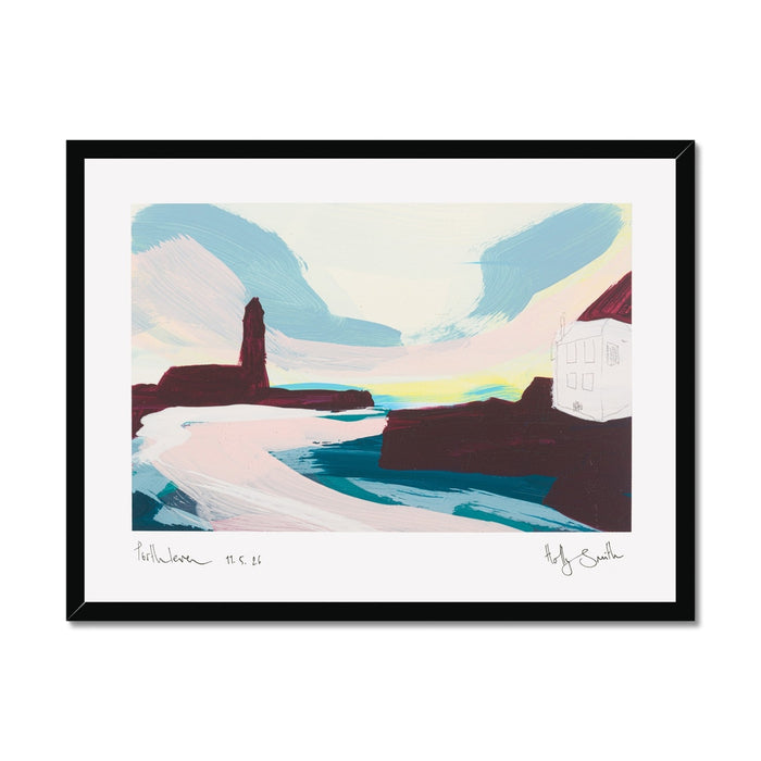 A framed abstract landscape art print featuring a stylized coastal scene with blue, pink and white foreground shapes, dark brown rock forms, and a pale sky. The print is mounted with a wide white mat and enclosed in a slim black frame, shown against a plain white background.