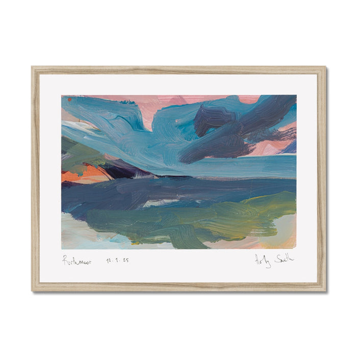 A framed abstract landscape art print featuring textured brushstrokes of blue, green, pink, and orange, presented in a light natural wood frame with a white mat border.