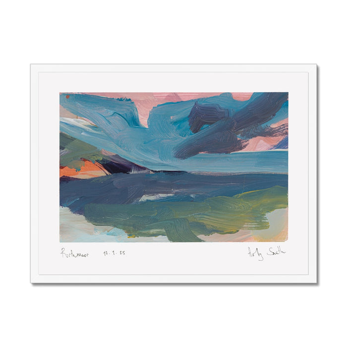 An abstract landscape art print featuring textured brushstrokes of blue, green, pink, and orange, presented with a wide white mat board and a clean white background.